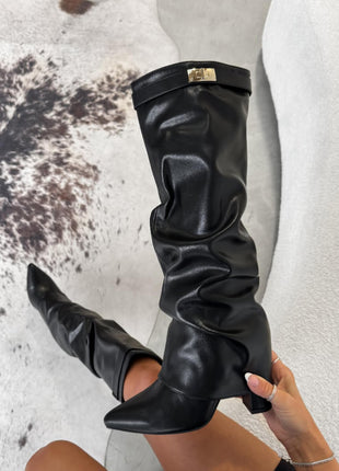 Faux Leather Slouchy Fold Over Metal Lock Detail Pointed Toe Knee High Boots