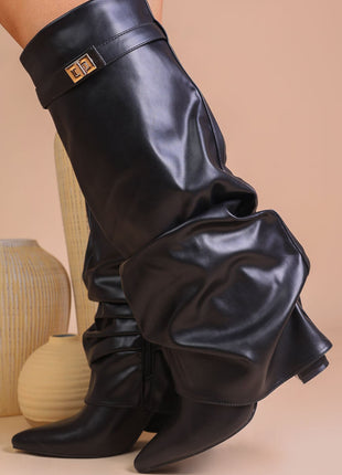 Faux Leather Slouchy Fold Over Metal Lock Detail Pointed Toe Knee High Boots
