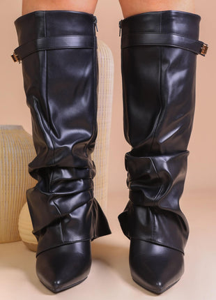 Faux Leather Slouchy Fold Over Metal Lock Detail Pointed Toe Knee High Boots