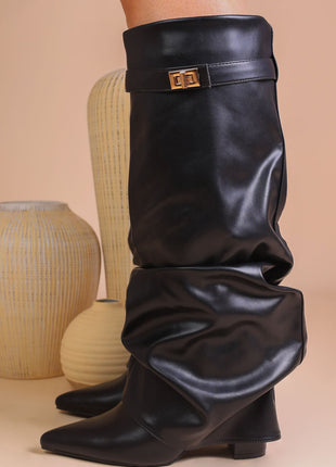 Faux Leather Slouchy Fold Over Metal Lock Detail Pointed Toe Knee High Boots