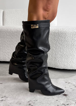 Faux Leather Slouchy Fold Over Metal Lock Detail Pointed Toe Knee High Boots