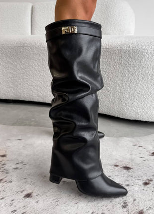 Faux Leather Slouchy Fold Over Metal Lock Detail Pointed Toe Knee High Boots