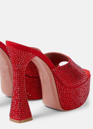 Crystal Embellished Satin Open Toe Platform Mule Sandals
