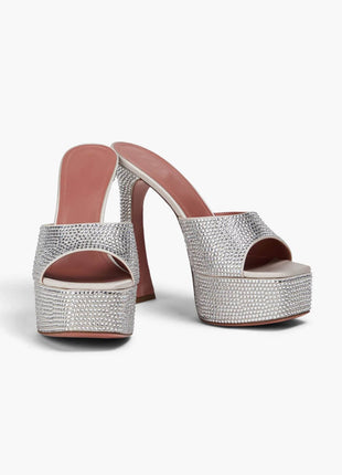 Crystal Embellished Satin Open Toe Platform Mule Sandals