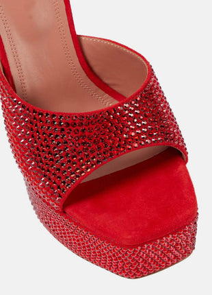 Crystal Embellished Satin Open Toe Platform Mule Sandals