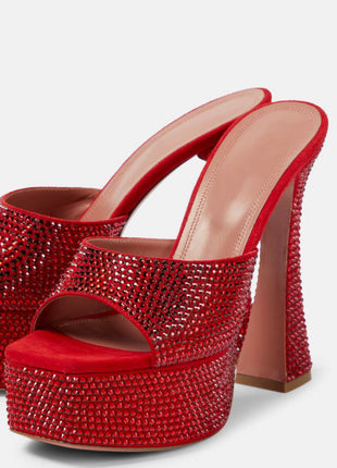Crystal Embellished Satin Open Toe Platform Mule Sandals