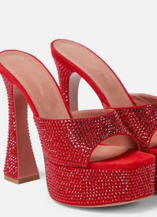 Crystal Embellished Satin Open Toe Platform Mule Sandals