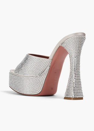 Crystal Embellished Satin Open Toe Platform Mule Sandals