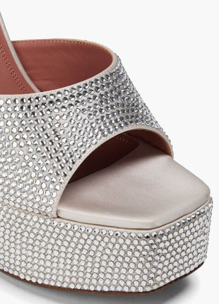 Crystal Embellished Satin Open Toe Platform Mule Sandals