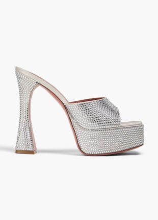 Crystal Embellished Satin Open Toe Platform Mule Sandals