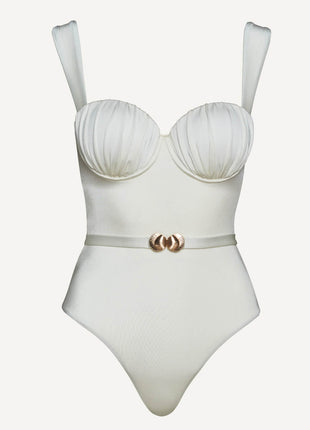 Ruched Balconette Underwire Seashell Belted One Piece Swimsuit