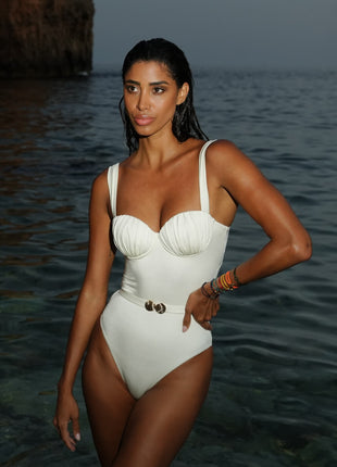 Ruched Balconette Underwire Seashell Belted One Piece Swimsuit