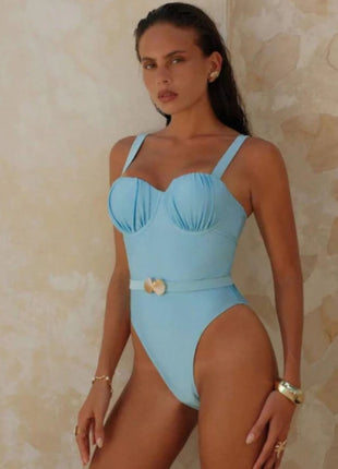 Ruched Balconette Underwire Seashell Belted One Piece Swimsuit