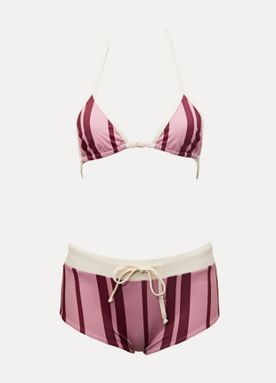 Contrasted Striped Triangle Halter Bikini Top And Low Rise Boyshorts With Bead Details