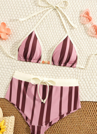 Contrasted Striped Triangle Halter Bikini Top And Low Rise Boyshorts With Bead Details