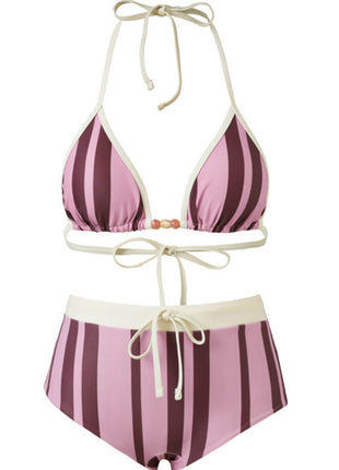 Contrasted Striped Triangle Halter Bikini Top And Low Rise Boyshorts With Bead Details