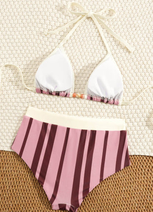 Contrasted Striped Triangle Halter Bikini Top And Low Rise Boyshorts With Bead Details