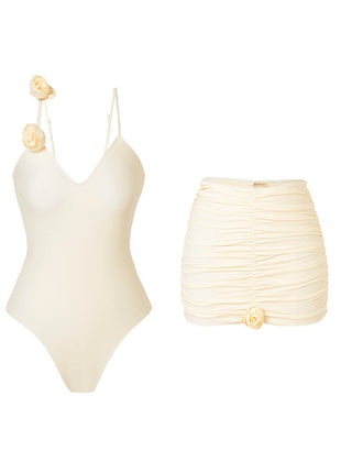 Floral Applique V-Neck One Piece Swimsuit With Gathered Mini Sarong Skirt