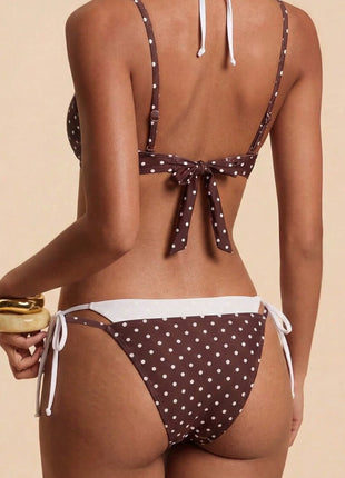 Contrast Polka Dot Double Layered Triangle Scoop Tie Side Bikini Set