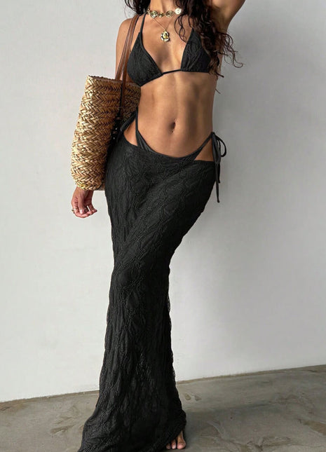 Textured Triangle Halter Tie Side Bikini Bottoms & Maxi Skirt