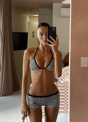 Black & White Striped Triangle Halter Bikini Top And Low Rise Boy Shorts