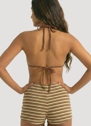 Color Block Striped Rib Triangle Halter Bikini Top And Low Rise Boy Shorts