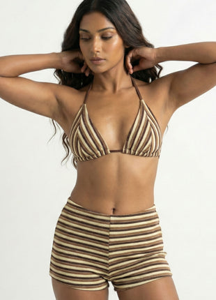 Color Block Striped Rib Triangle Halter Bikini Top And Low Rise Boy Shorts
