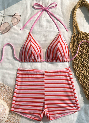 Color Block Striped Rib Triangle Halter Bikini Top And Low Rise Boy Shorts