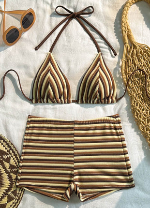 Color Block Striped Rib Triangle Halter Bikini Top And Low Rise Boy Shorts