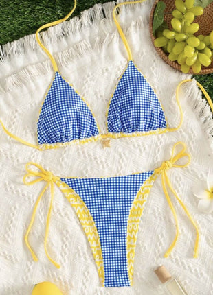 Contrast Blue Yellow Color Blocking Gingham Halter Tie Side Bikini Set