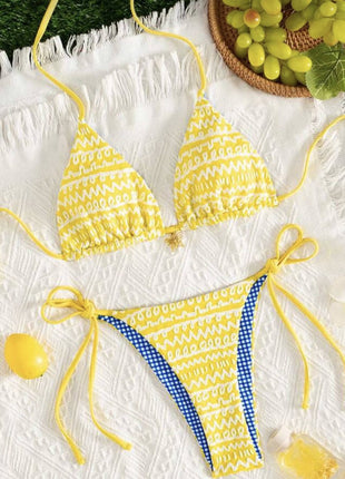 Contrast Blue Yellow Color Blocking Gingham Halter Tie Side Bikini Set