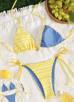 Contrast Blue Yellow Color Blocking Gingham Halter Tie Side Bikini Set