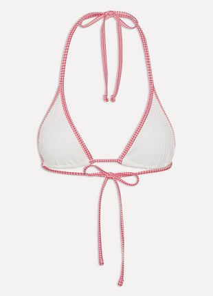White Rib Triangle Halter Bikini Top And Low Rise Boy Shorts With Red Gingham Binding Details