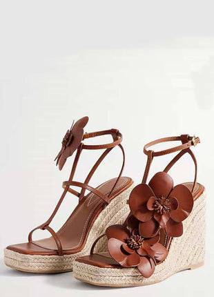 Flowers Embellished Platform Espadrille Wedge Sandals
