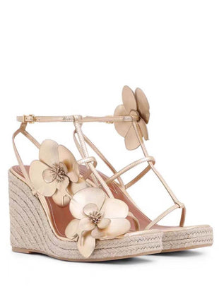Flowers Embellished Platform Espadrille Wedge Sandals