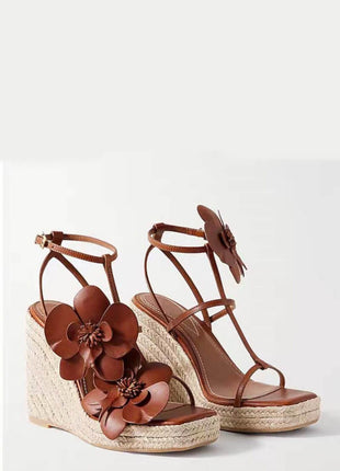 Flowers Embellished Platform Espadrille Wedge Sandals