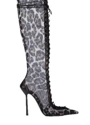 Leopard Print Mesh Laced-Up Tapered Toe Knee High Stiletto Boots