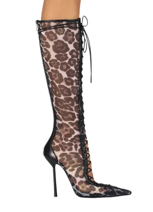 Leopard Print Mesh Laced-Up Tapered Toe Knee High Stiletto Boots