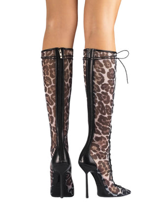 Leopard Print Mesh Laced-Up Tapered Toe Knee High Stiletto Boots
