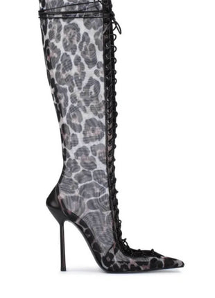 Leopard Print Mesh Laced-Up Tapered Toe Knee High Stiletto Boots