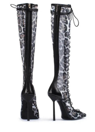 Leopard Print Mesh Laced-Up Tapered Toe Knee High Stiletto Boots