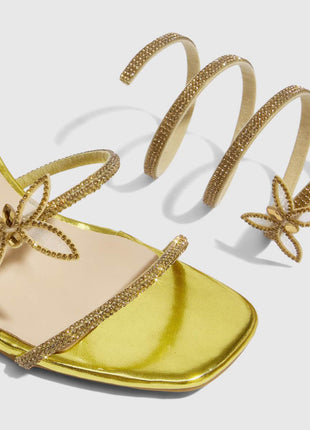 Crystal-Embellished Butterfly Snake Ankle Wrap Chain Heeled Sandals