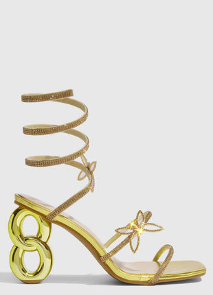 Crystal-Embellished Butterfly Snake Ankle Wrap Chain Heeled Sandals