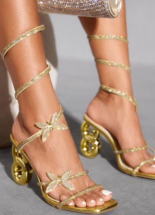 Crystal-Embellished Butterfly Snake Ankle Wrap Chain Heeled Sandals