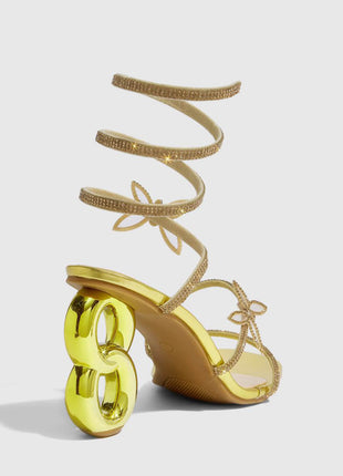 Crystal-Embellished Butterfly Snake Ankle Wrap Chain Heeled Sandals
