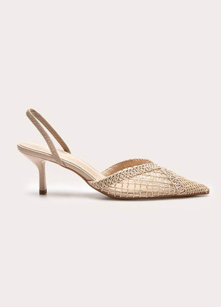 Textured Mesh Pointed Toe Slingback Kitten Court Heels