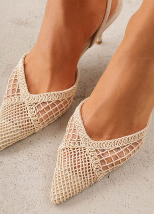 Textured Mesh Pointed Toe Slingback Kitten Court Heels