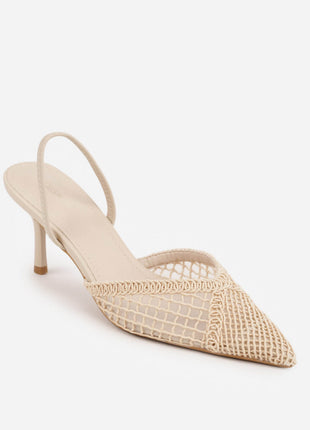 Textured Mesh Pointed Toe Slingback Kitten Court Heels