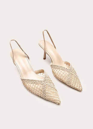 Textured Mesh Pointed Toe Slingback Kitten Court Heels