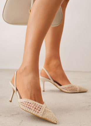 Textured Mesh Pointed Toe Slingback Kitten Court Heels